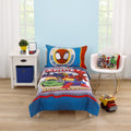 Marvel Spidey and His Amazing Friends Blue, Red, Yellow, and Green, Team Up 4 Piece Toddler Bed Set - Comforter, Fitted Bottom Sheet, Flat Top Sheet, and Reversible Pillowcase