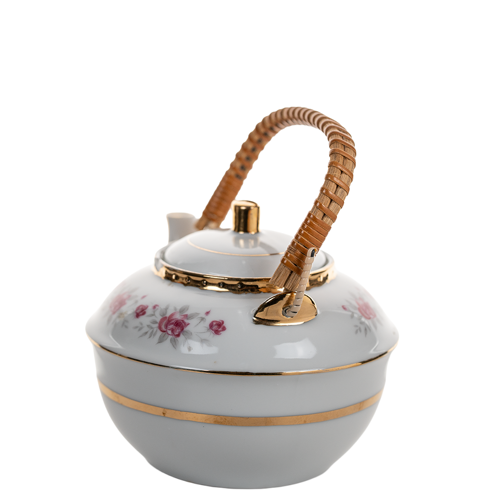 Japanese Nasco Fine China Rose Pattern Teapot with Rattan Handle