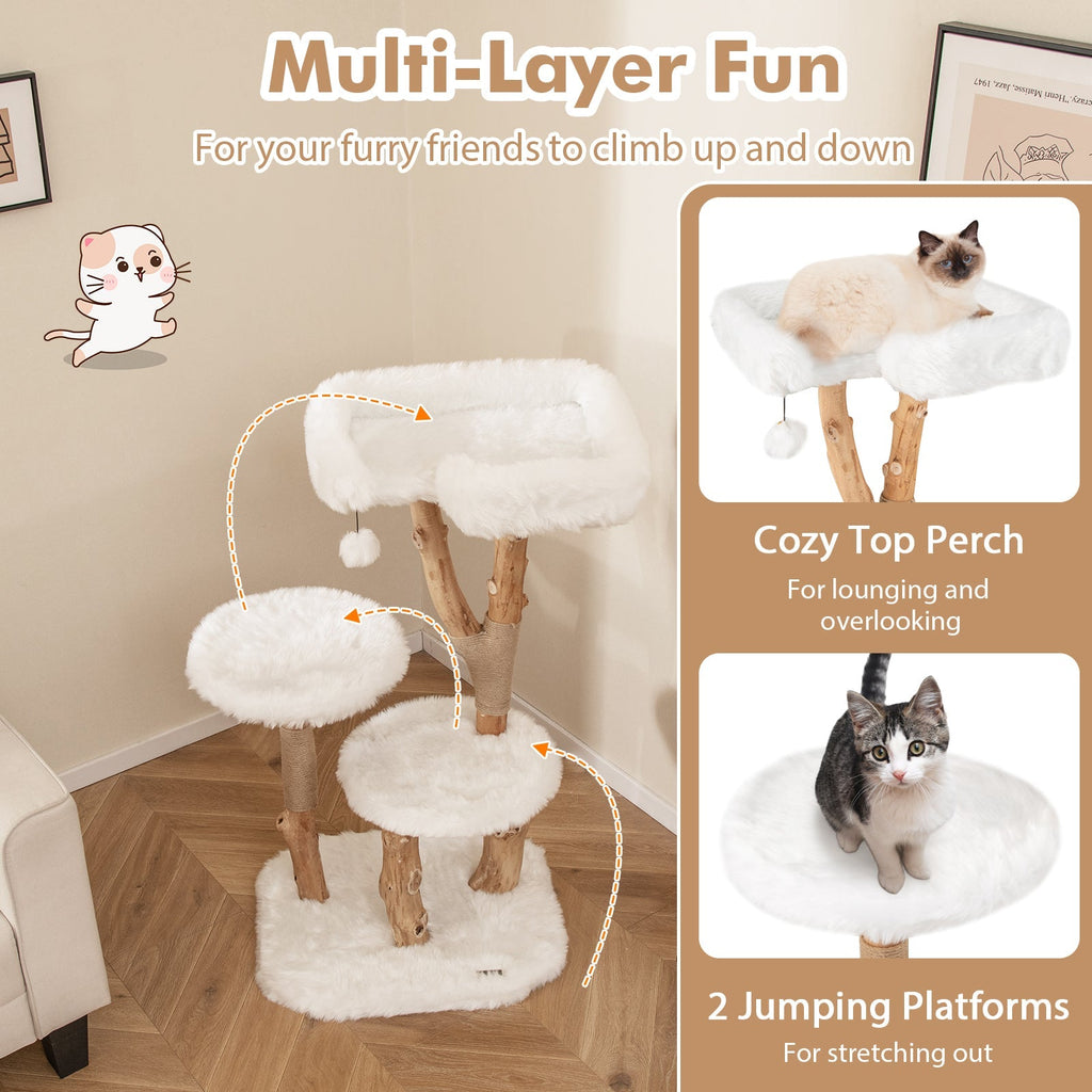 44 Inch Solid Wood Cat Tree with Perch and Natural Jute Scratching Posts-White