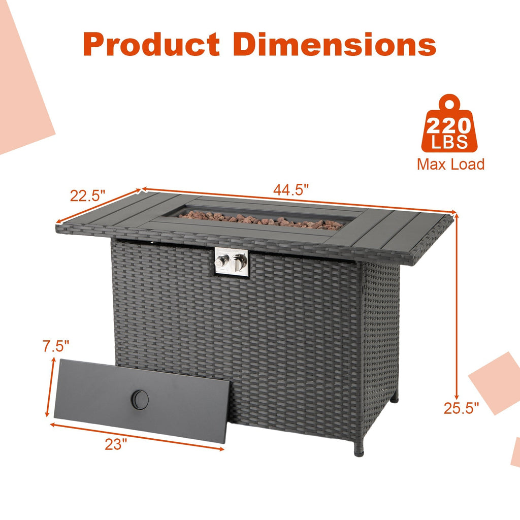 44.5 Inch Propane Fire Pit Table Rattan Gas 2-in-1 with Stainless Steel Burner