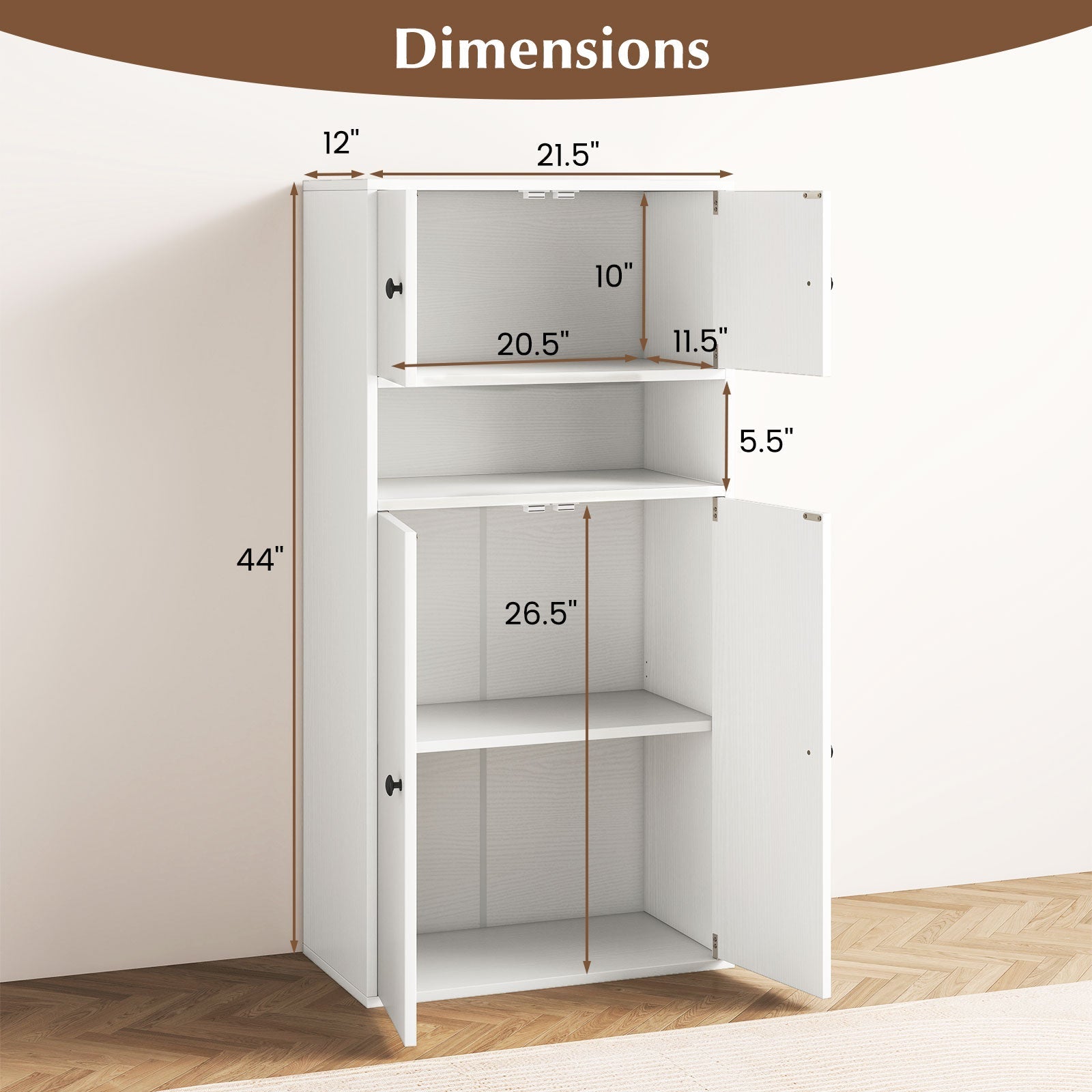 44 Inches Tall Bookshelf with Doors and Adjustable Shelf