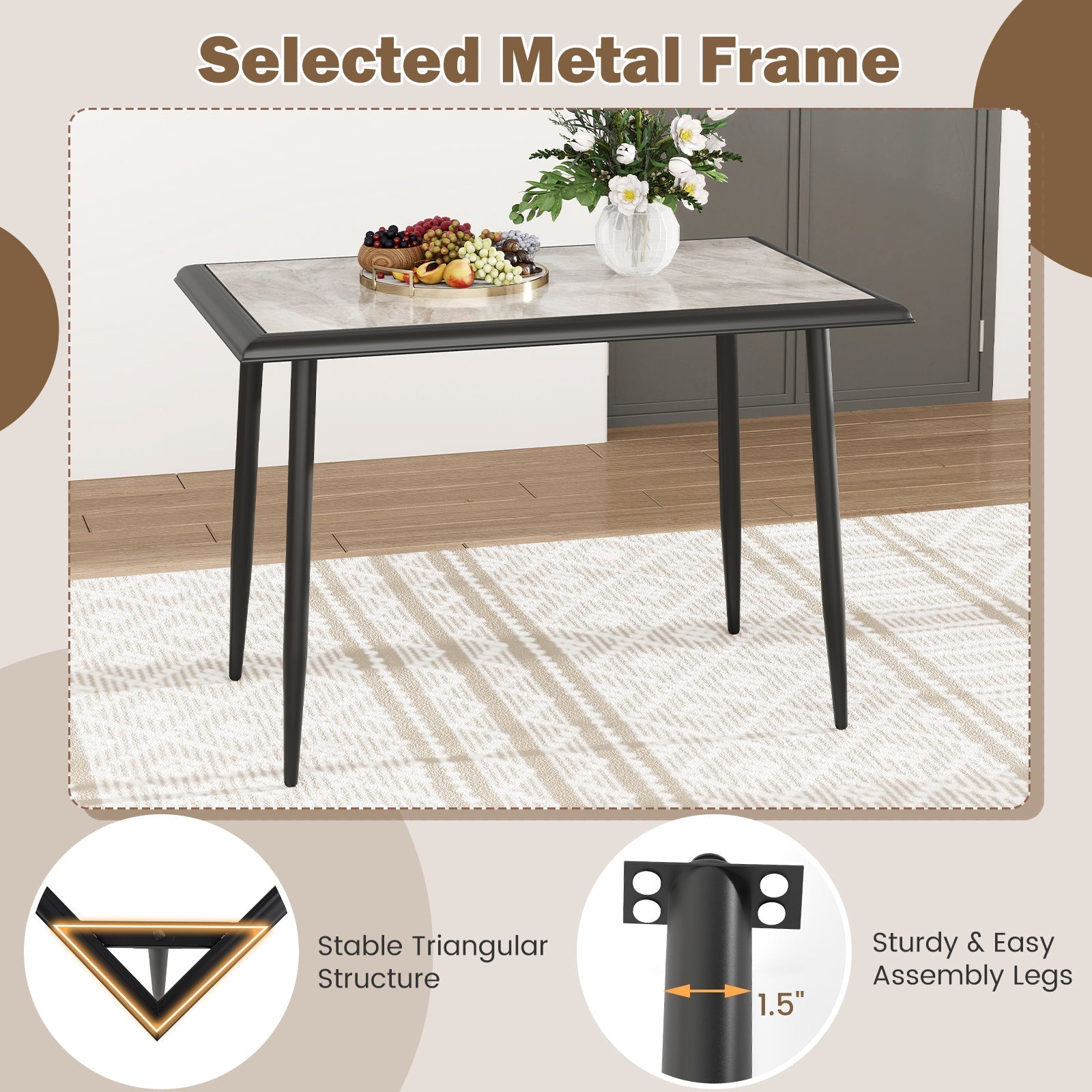 Sintered Stone Dining Table 44" Rectangular Kitchen Table with Metal Frame Indoor Modern Breakfast Table for Living Room Dining Room-Golden