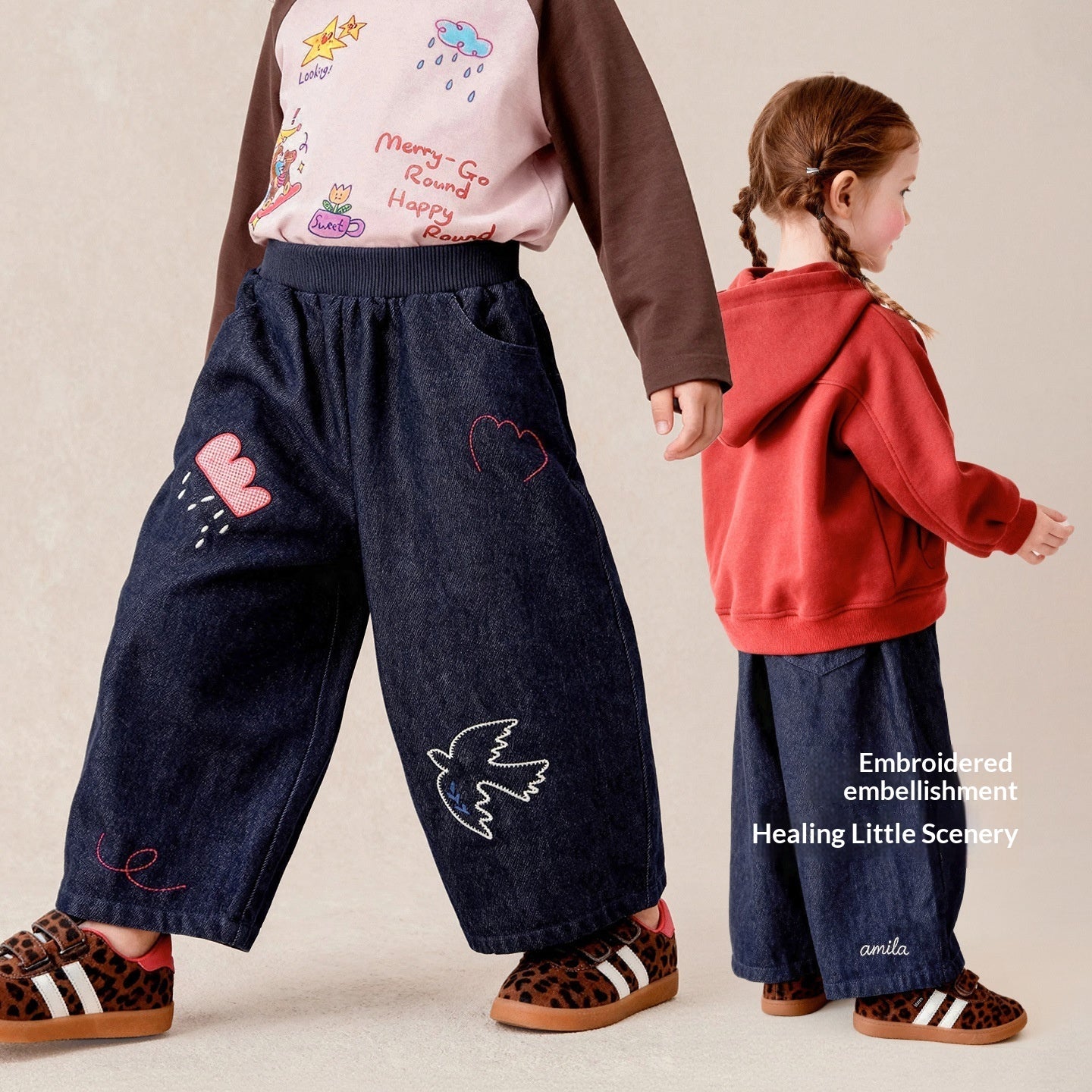 Letter Embroidery Wide Leg Straight Pants Cotton Trousers Spring Autumn