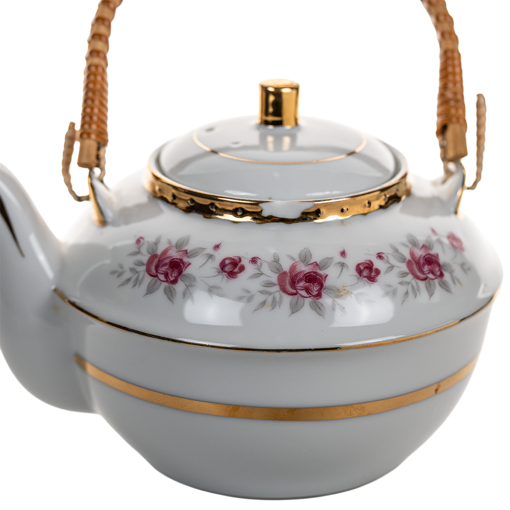 Japanese Nasco Fine China Rose Pattern Teapot with Rattan Handle