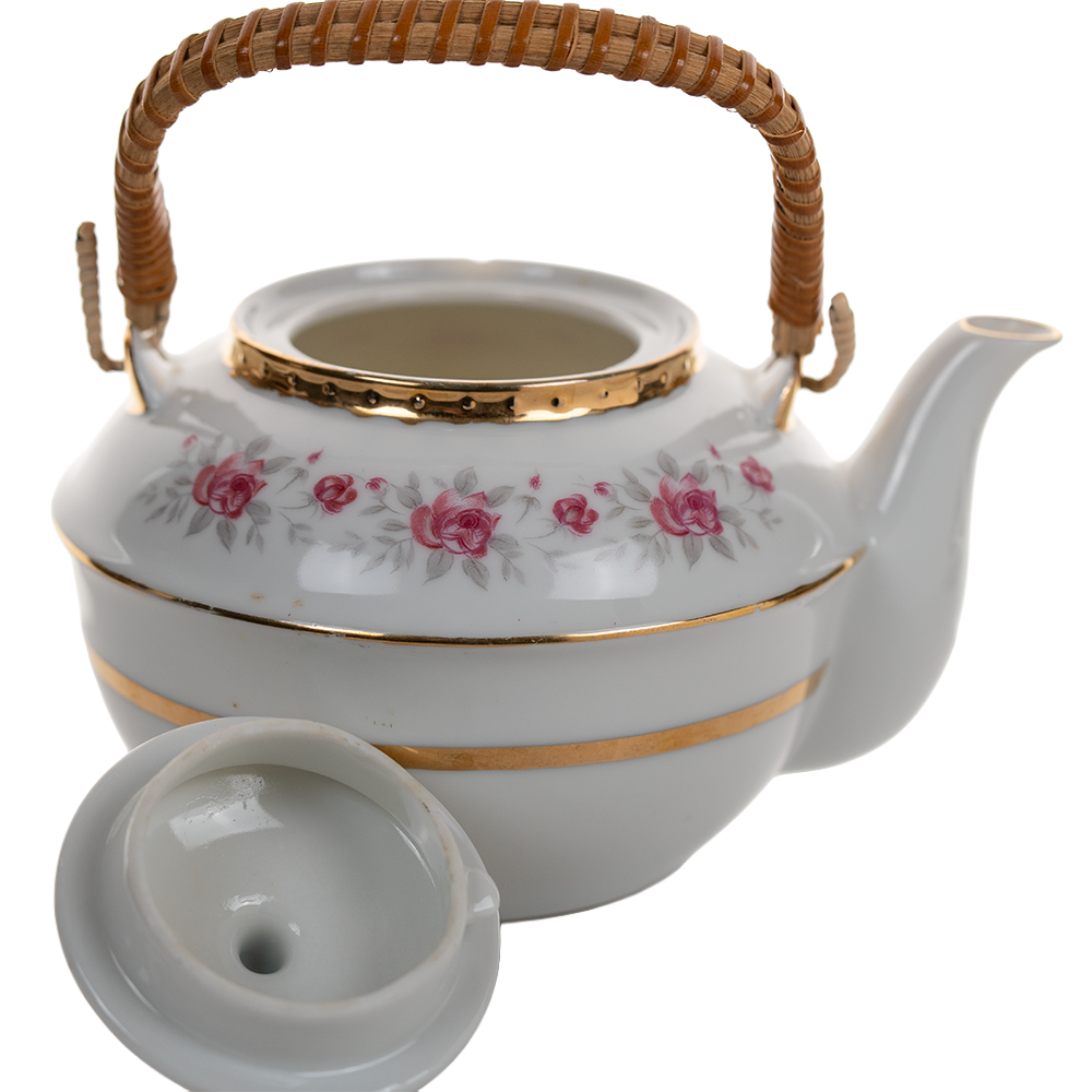 Japanese Nasco Fine China Rose Pattern Teapot with Rattan Handle