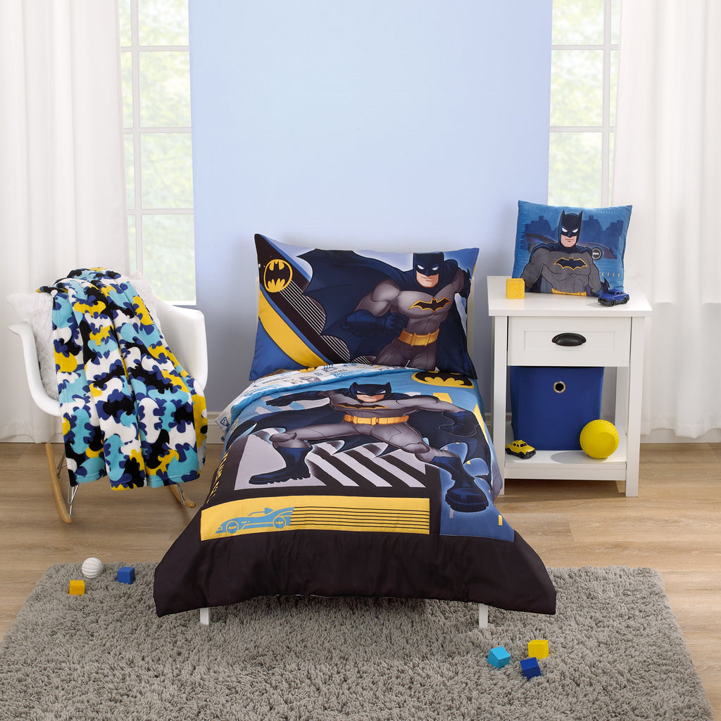 Warner Bros  Batman The Caped Crusader Navy, Gray, and Yellow Bat-Signal 4 Piece Toddler Bed Set - Comforter, Fitted Bottom Sheet, Flat Top Sheet and Reversible Pillowcase