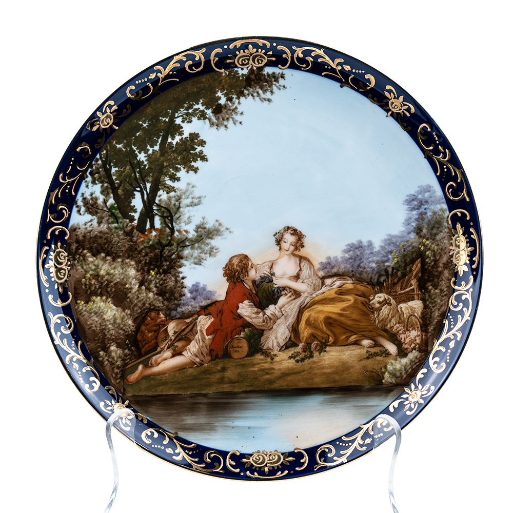 Hand‑Painted Courting Scene Plate with Cobalt Crust‑Gold Rim