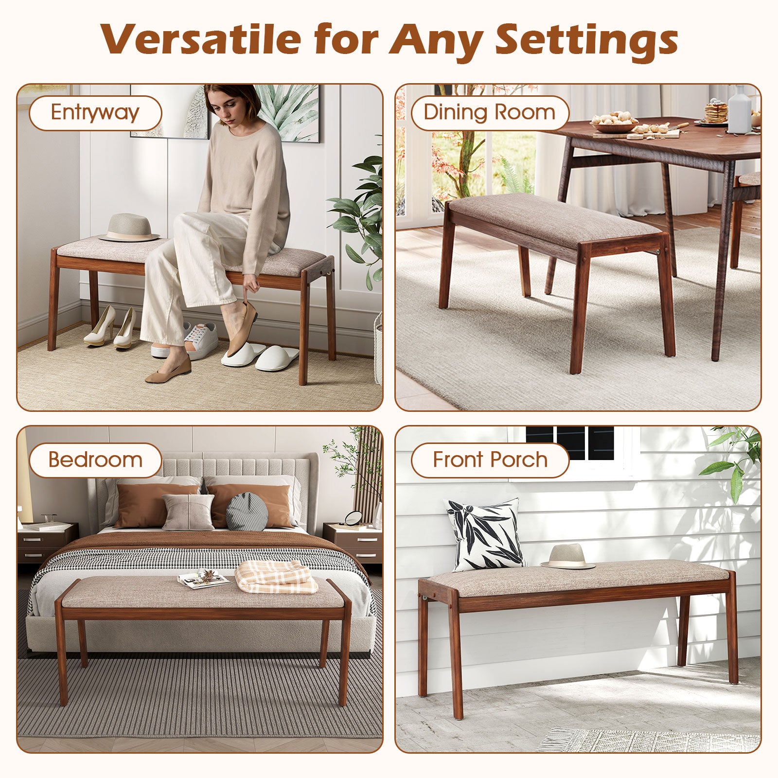 45 Inch Farmhouse Backless Bench with Rubber Wood Legs and Fabric Padded Seat-Beige