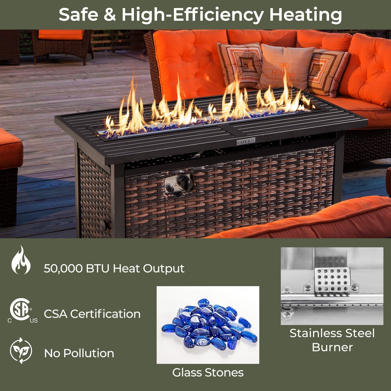 45 Inch Propane Rattan Firepit Table with Glass Stones and Protective Cover-Mixed Brown
