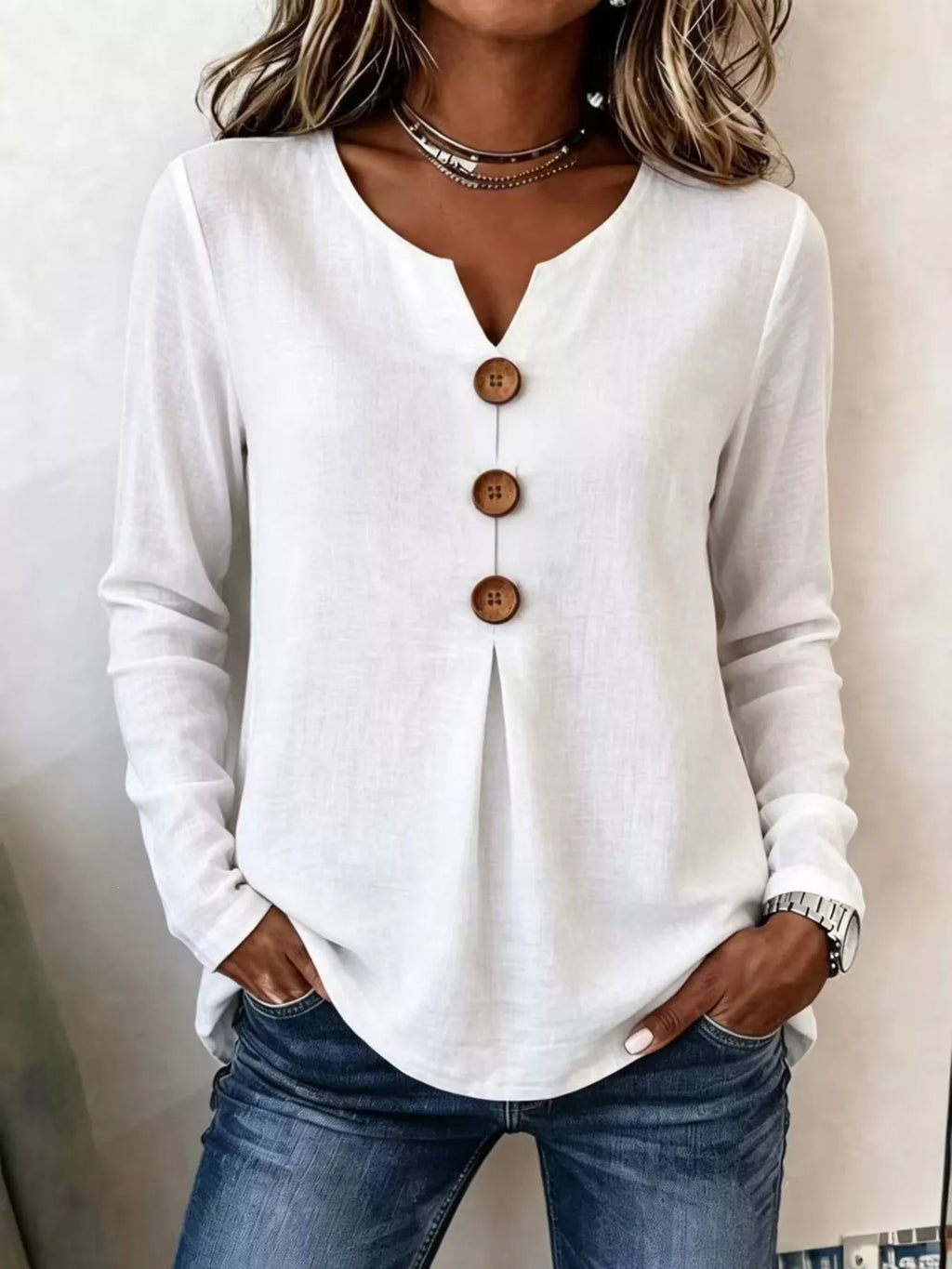 Full Size Decorative Button Long Sleeve Blouse Plus Size