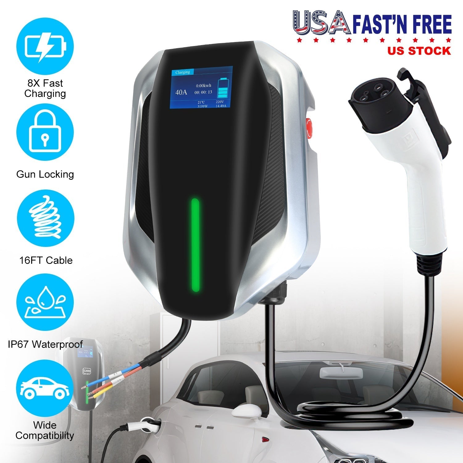 Level 2 Electric Vehicle Charger EV Wall Charger Car Charging Station with 2 Swipecards Digital Display Gun Locking for Home Garage