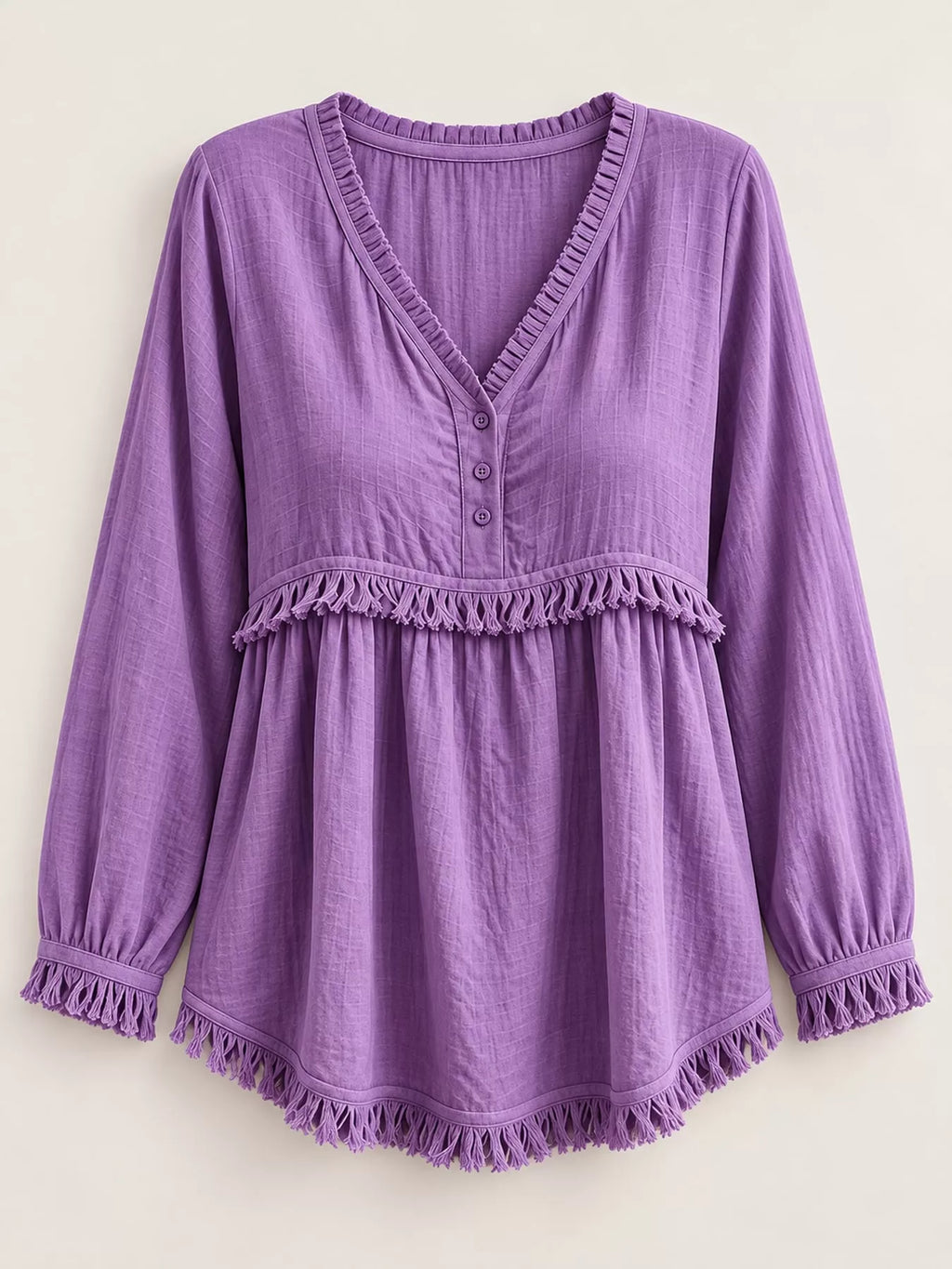 Full Size Fringed Trim V-Neck Long Sleeve Blouse Plus Size
