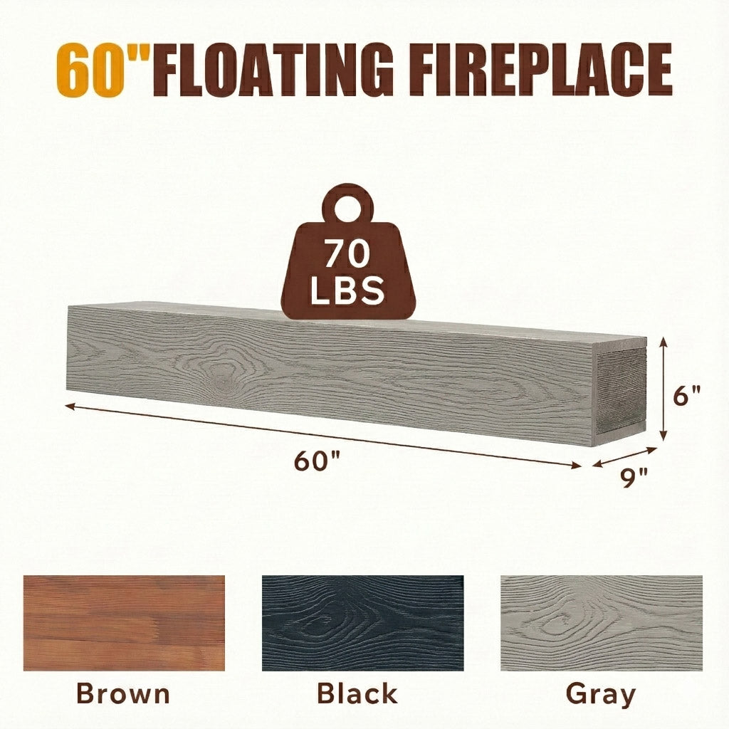 60" Rustic Embossed Wood Fireplace Mantel,Wall-Mounted & Floating Shelf for Home Decor