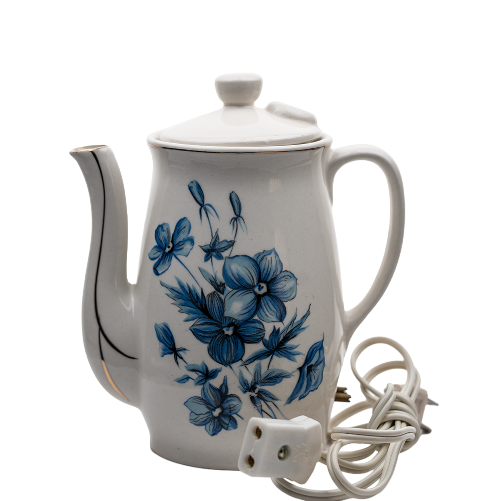 Japanese Porcelain Electric Teapot – Blue Floral Mid‑Century Design
