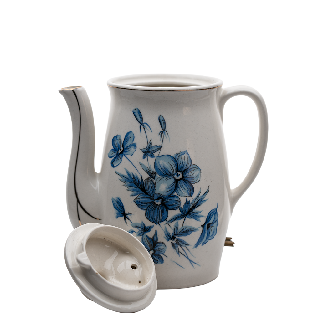 Japanese Porcelain Electric Teapot – Blue Floral Mid‑Century Design