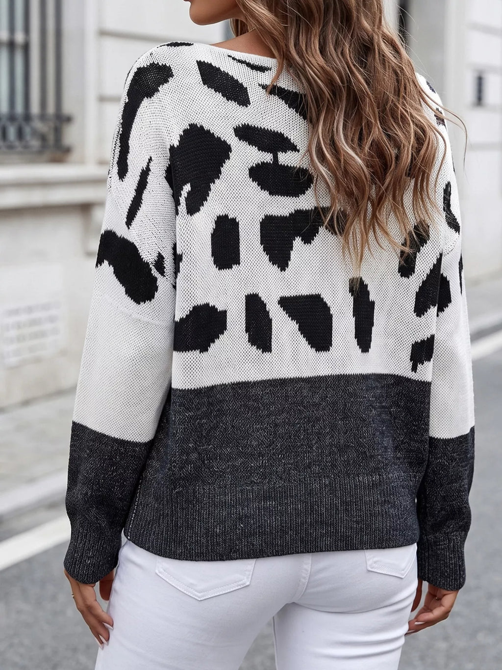 Full Size Off-Shoulder Colorblock Animal Print Sweater Plus Size