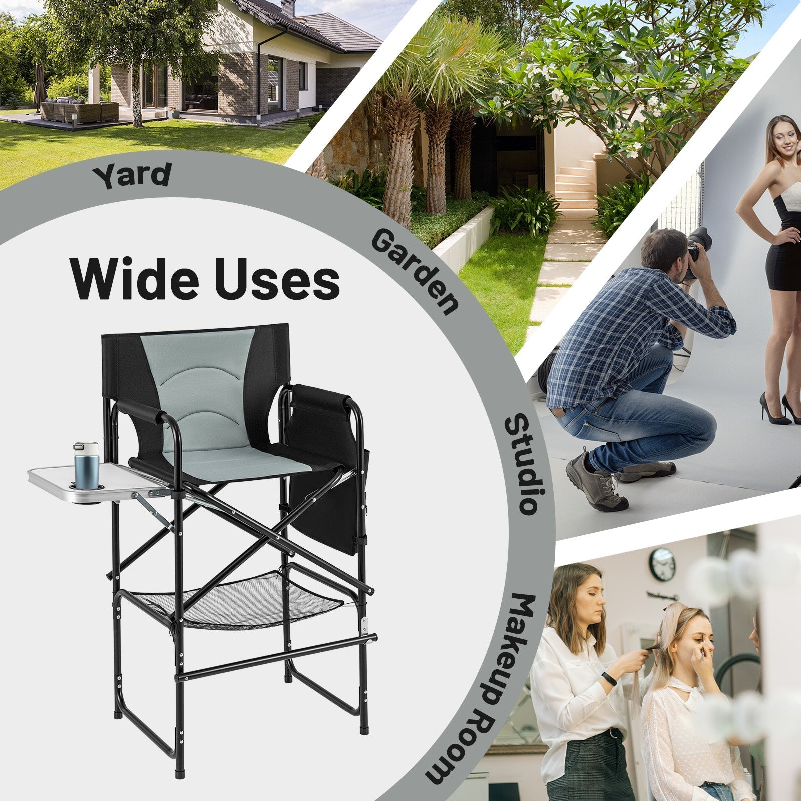 46 Inches Tall Directors Chair with Foldable Side Table and Footrest-Gray