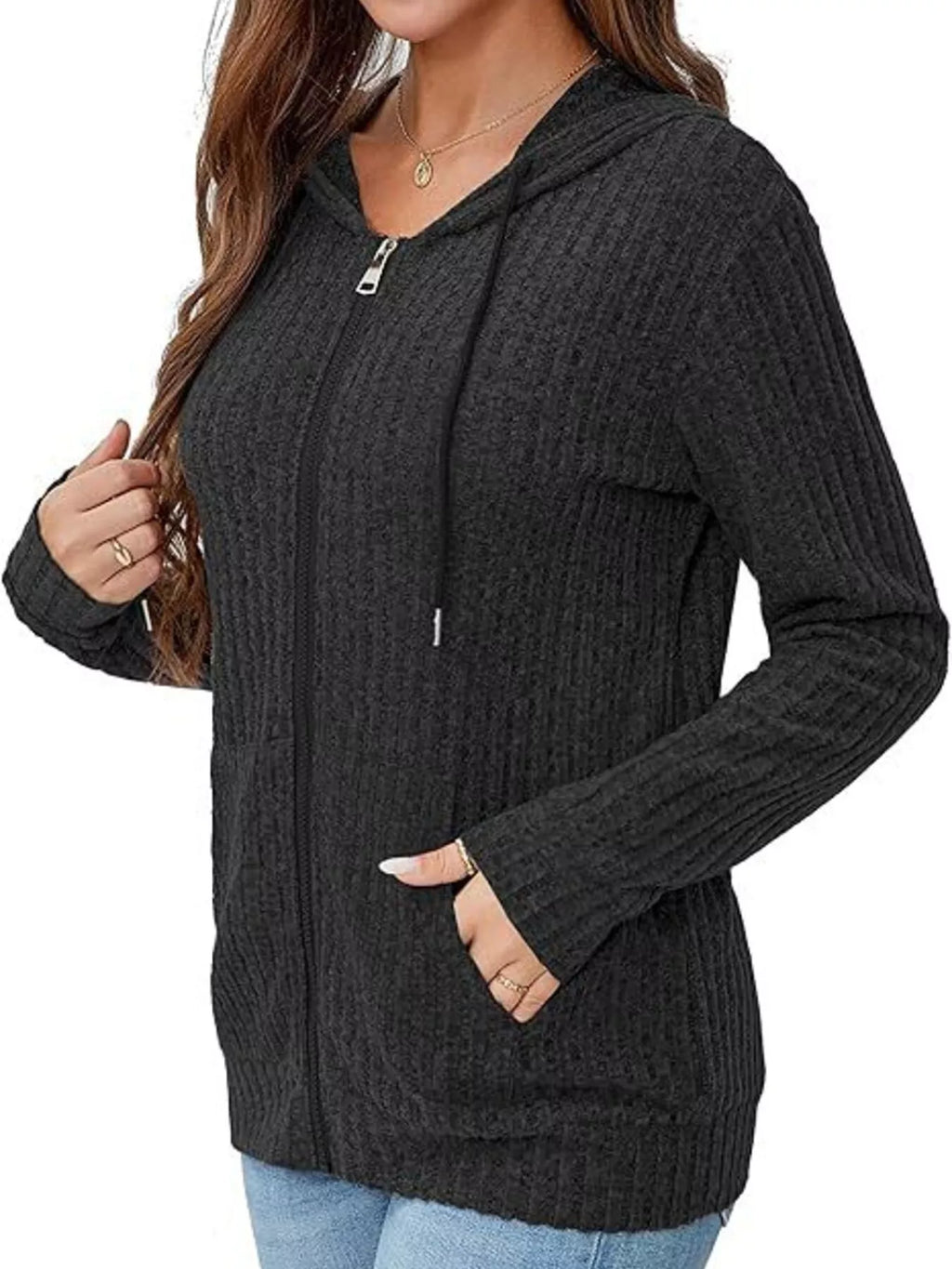 Ribbed Knit Zip-Up Hooded Cardigan
