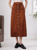 High-Waisted Button-Front Midi Skirt