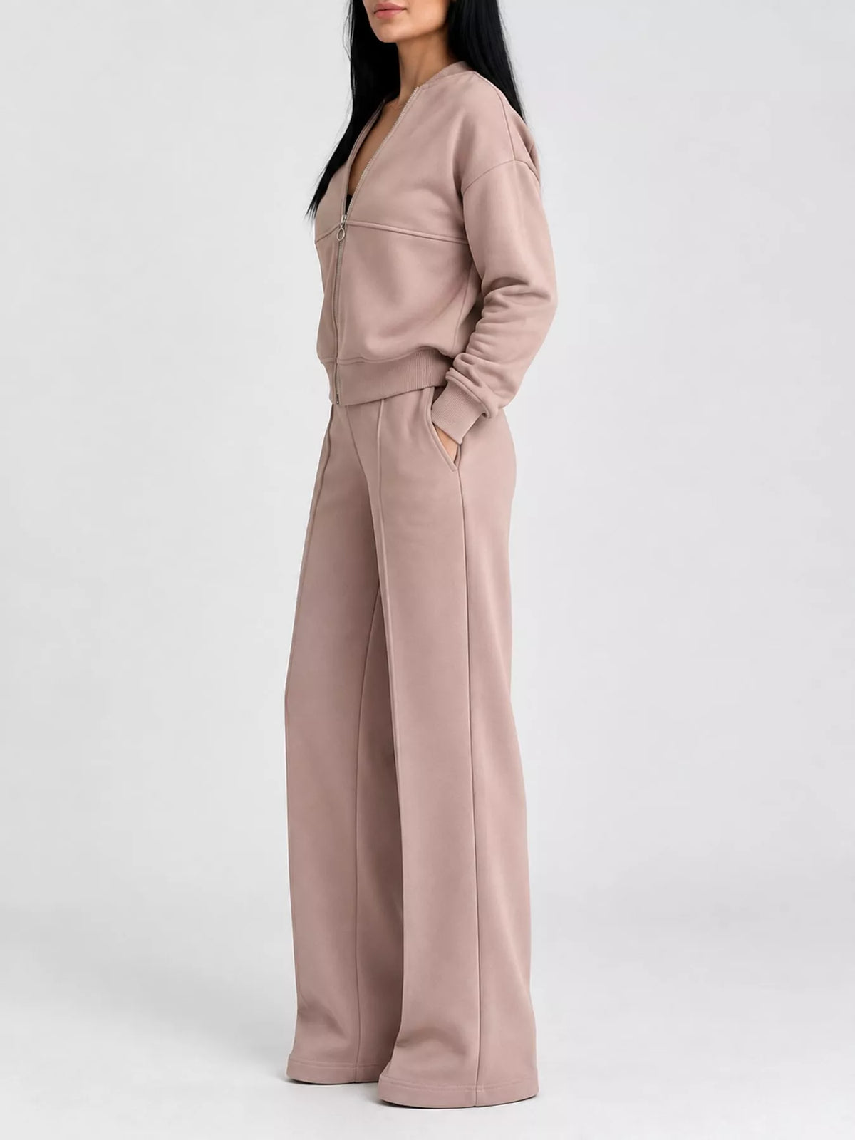 Casual Zip-Up Jacket and Wide-Leg Sweatpants Set