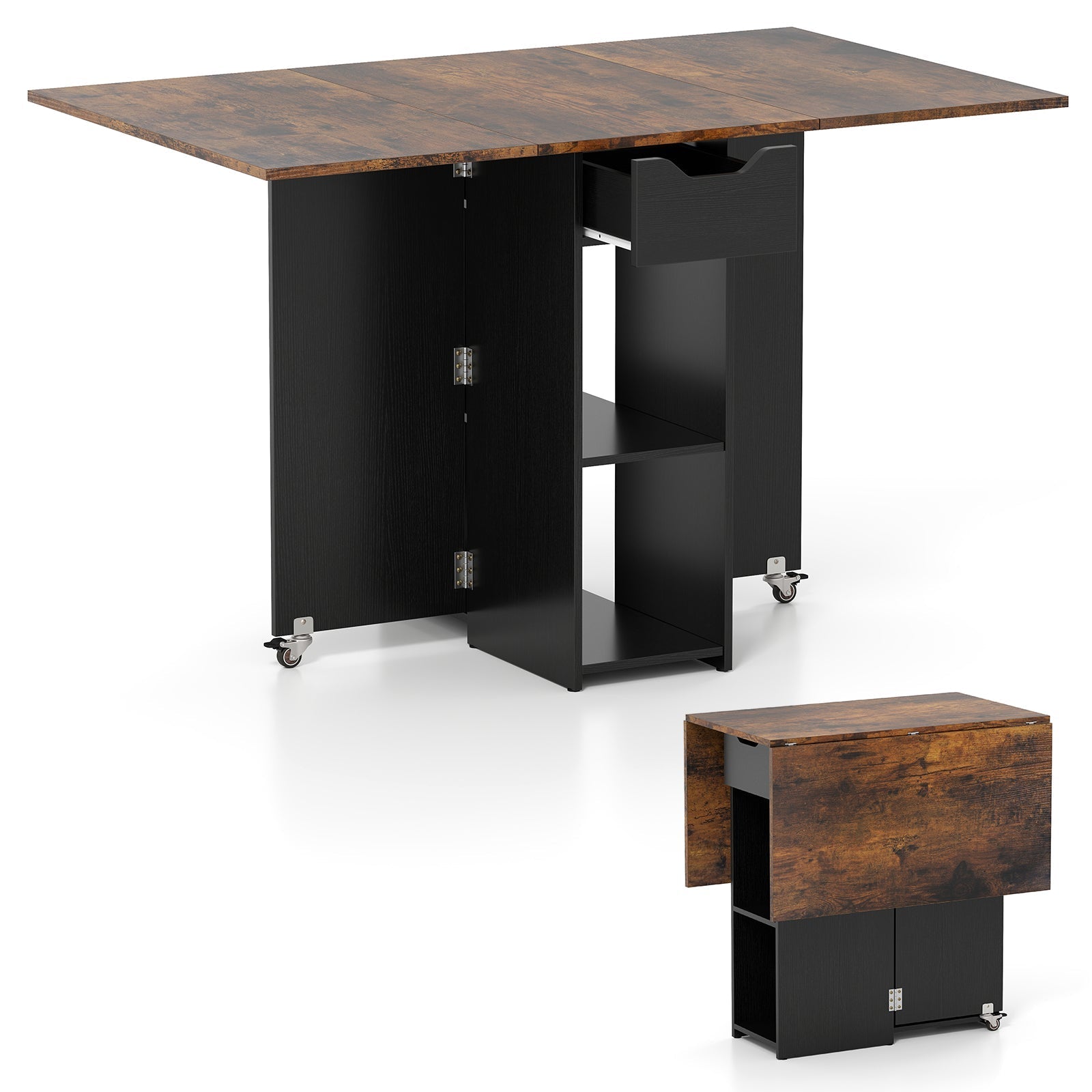47.5 Inch Farmhouse Extendable Wooden Dinner Table with Lockable Wheels