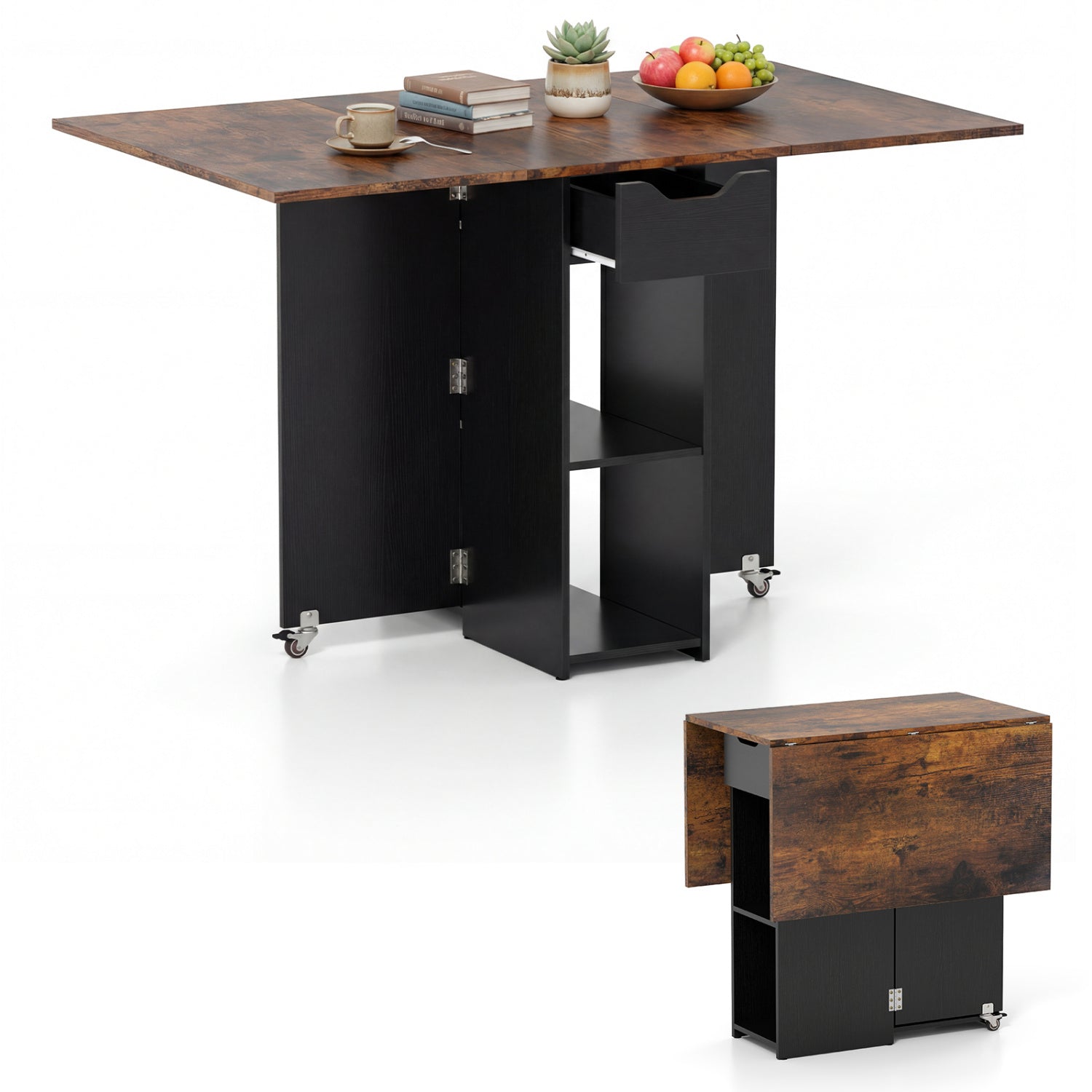 47.5 Inch Farmhouse Extendable Wooden Dinner Table with Lockable Wheels