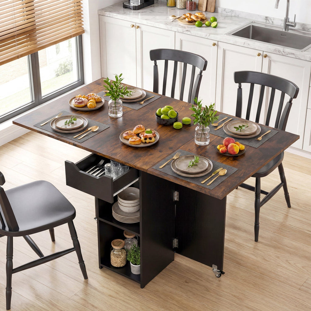 47.5 Inch Farmhouse Extendable Wooden Dinner Table with Lockable Wheels
