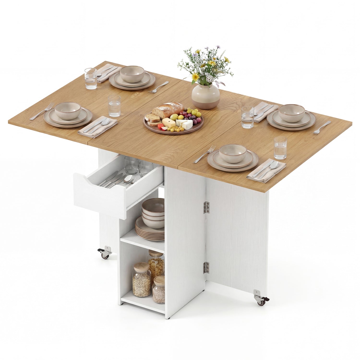 47.5 Inch Farmhouse Extendable Wooden Dinner Table with Lockable Wheels