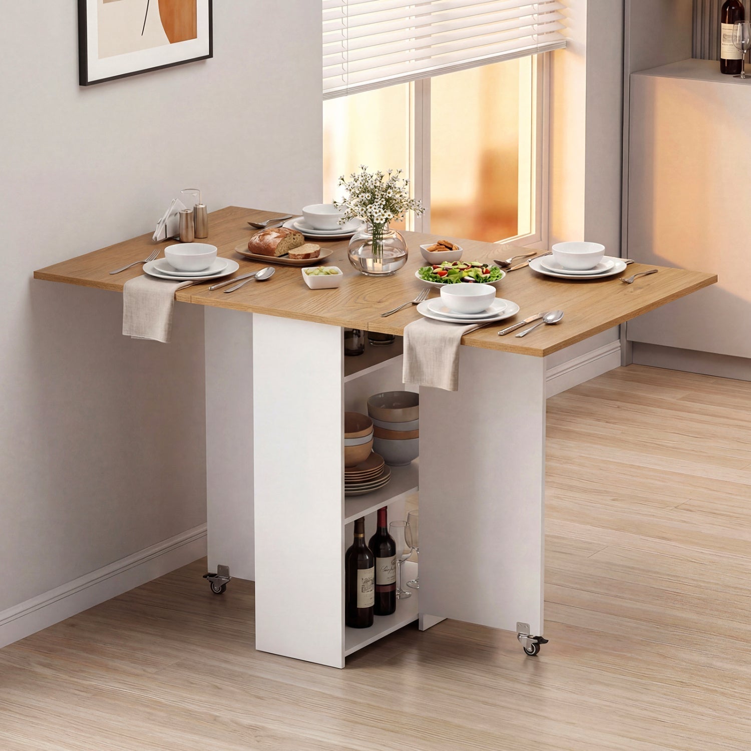 47.5 Inch Farmhouse Extendable Wooden Dinner Table with Lockable Wheels