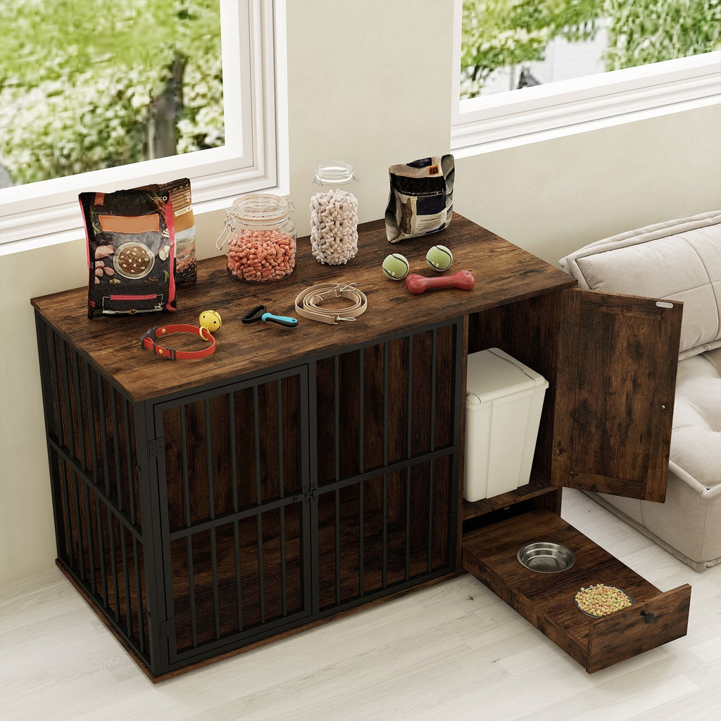 47.5 inch Dog Crate Furniture with Hidden Pull-out Bowls in Drawer for Small and Medium Dogs-Rustic Brown