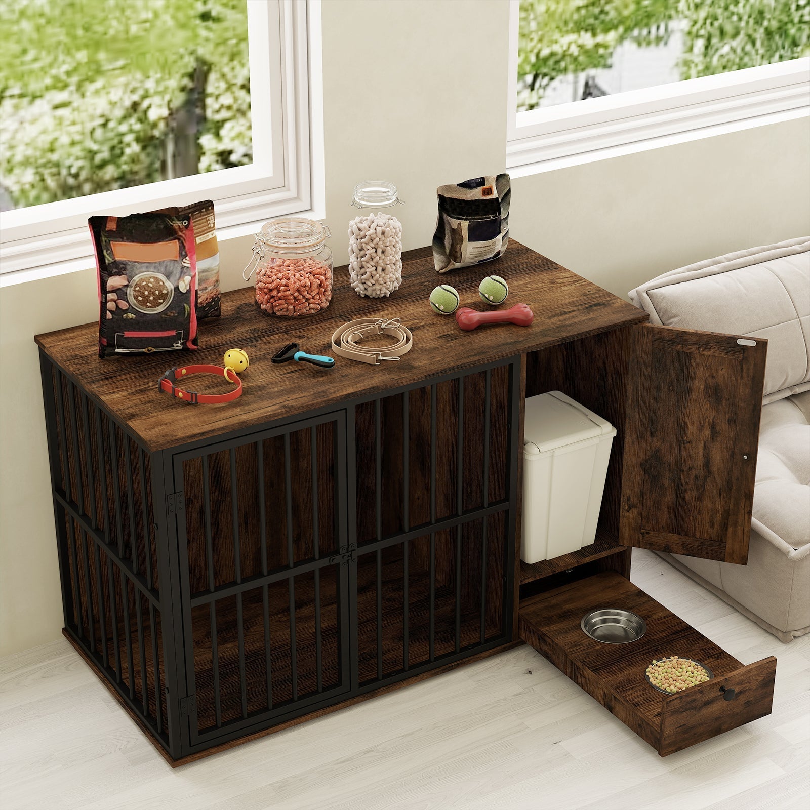 47.5 inch Dog Crate Furniture with Hidden Pull-out Bowls in Drawer for Small and Medium Dogs-Rustic Brown