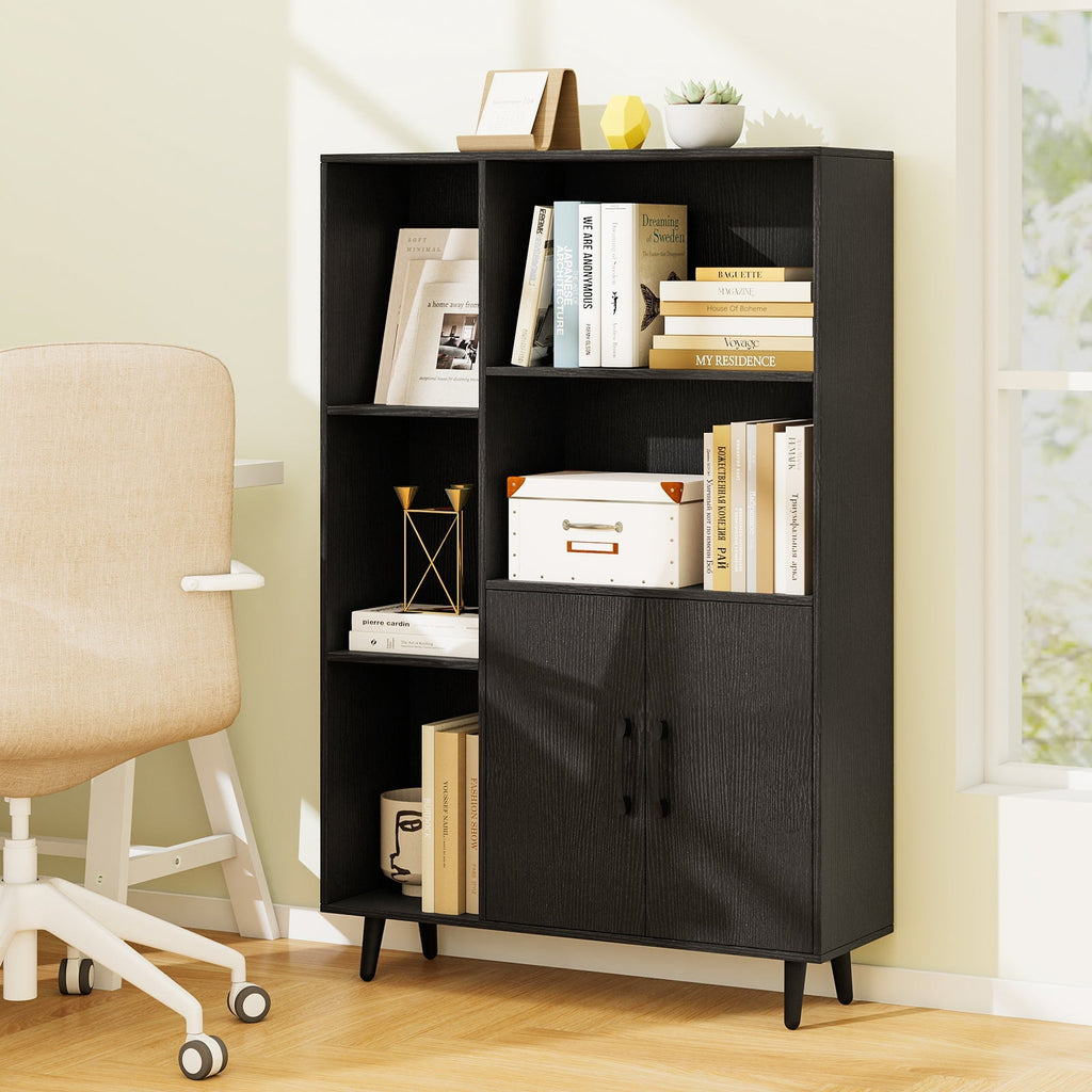 4 Inch Floor Bookshelf with 5 Open Compartments and Storage Cabinet-Black