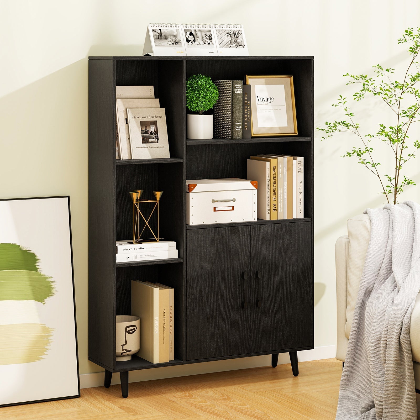 4 Inch Floor Bookshelf with 5 Open Compartments and Storage Cabinet-Black