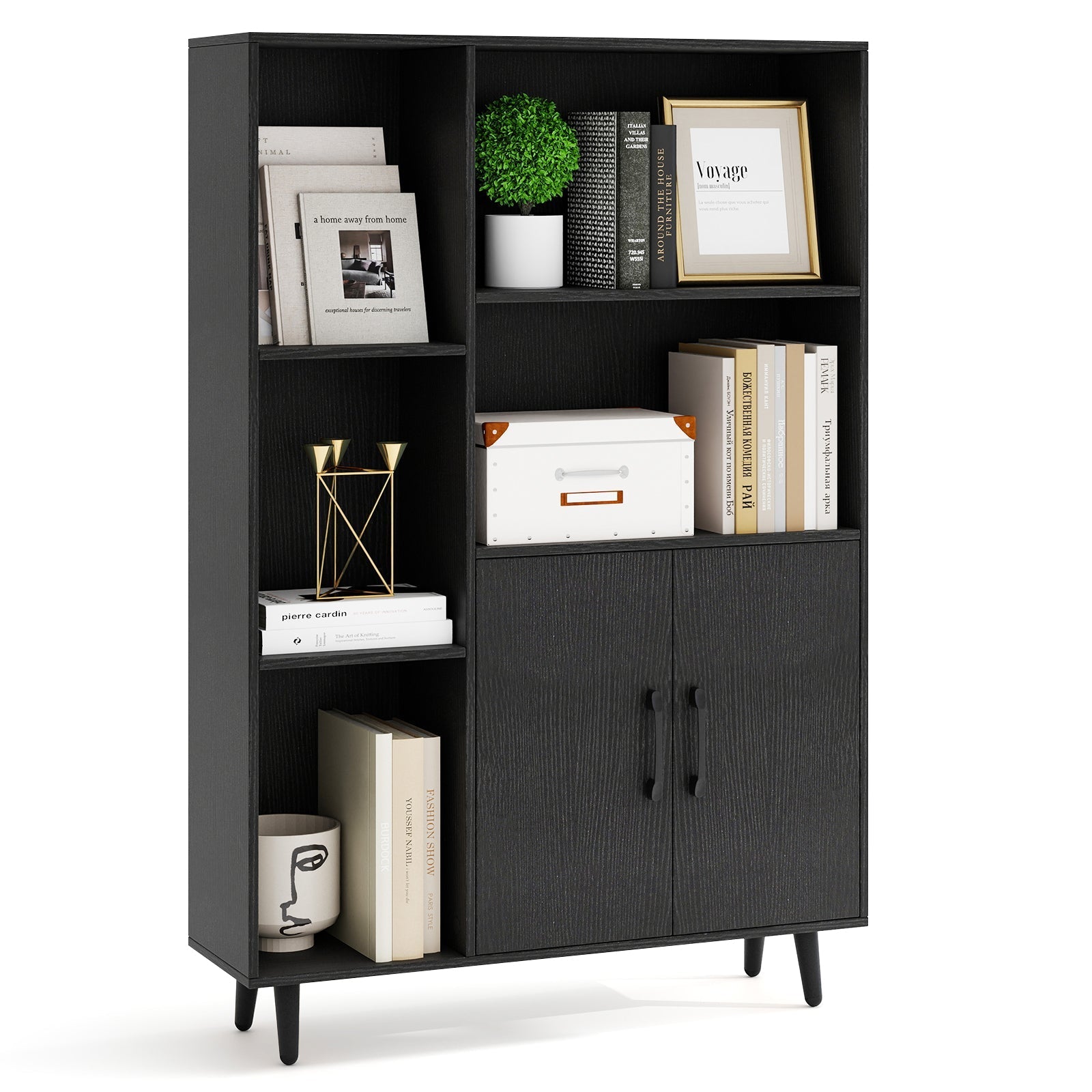 4 Inch Floor Bookshelf with 5 Open Compartments and Storage Cabinet-Black
