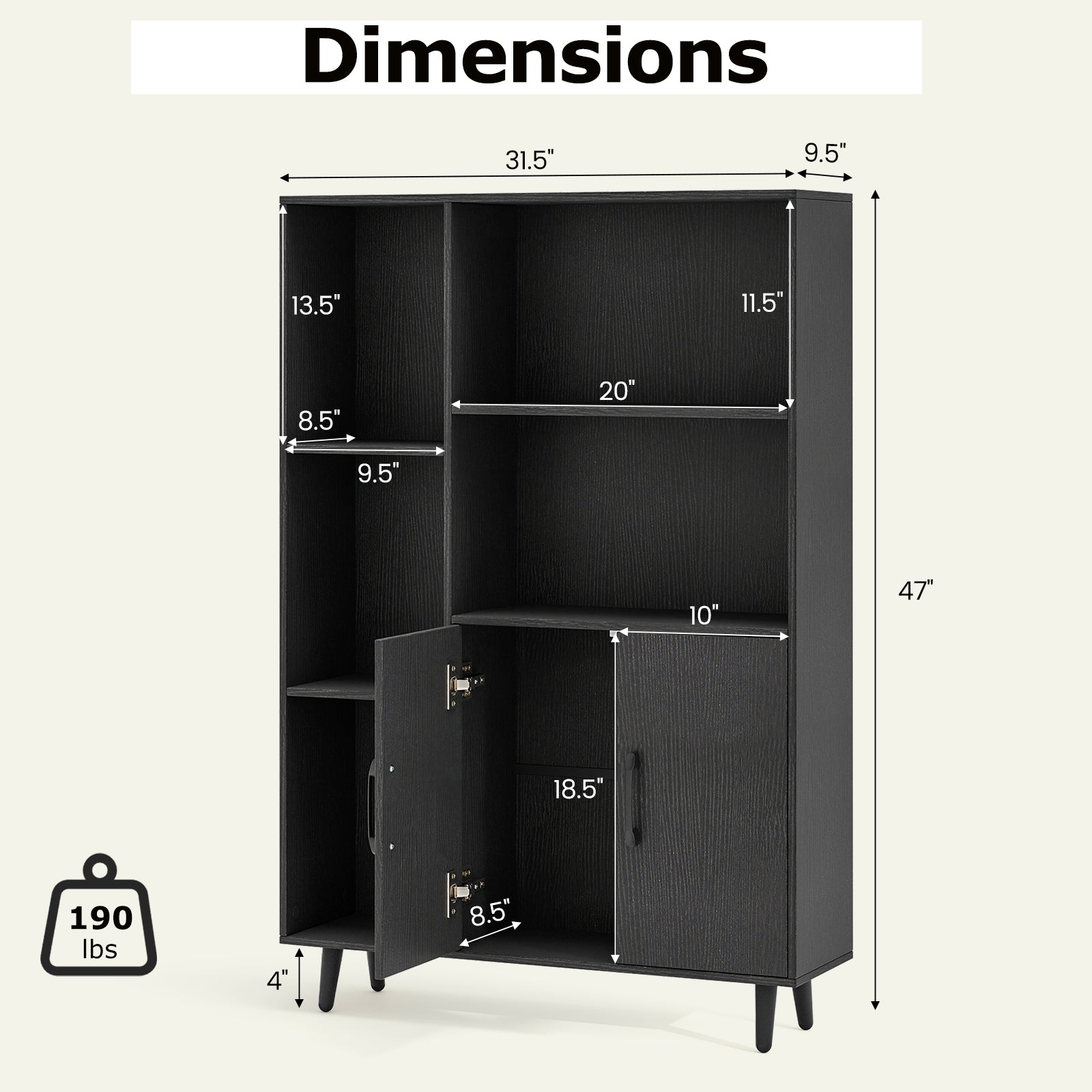 4 Inch Floor Bookshelf with 5 Open Compartments and Storage Cabinet-Black