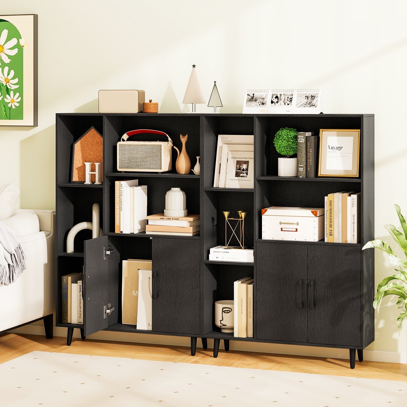 4 Inch Floor Bookshelf with 5 Open Compartments and Storage Cabinet-Black