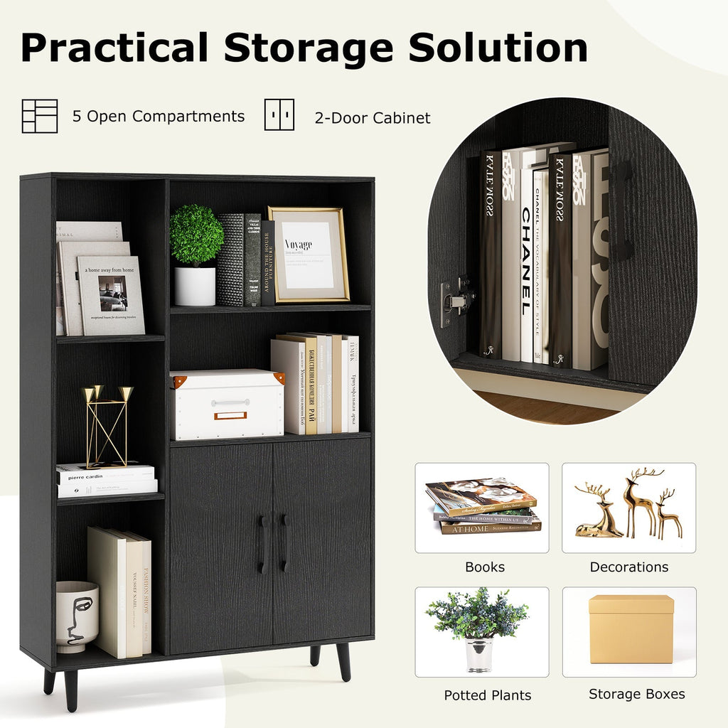 4 Inch Floor Bookshelf with 5 Open Compartments and Storage Cabinet-Black