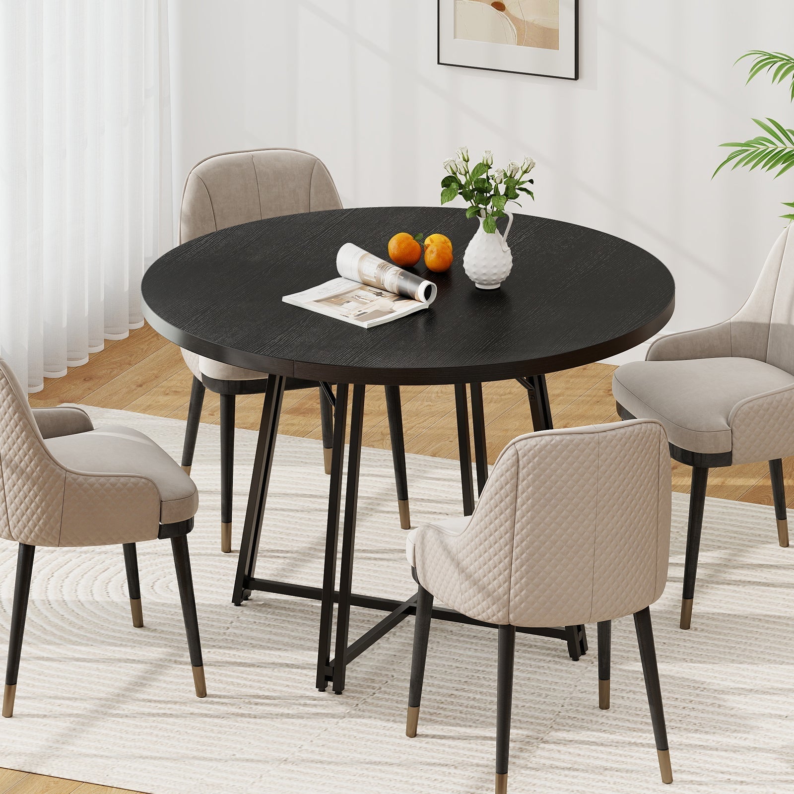 47 Inch Dining Table for 4-6 People Round Kitchen Table with Cross Base
