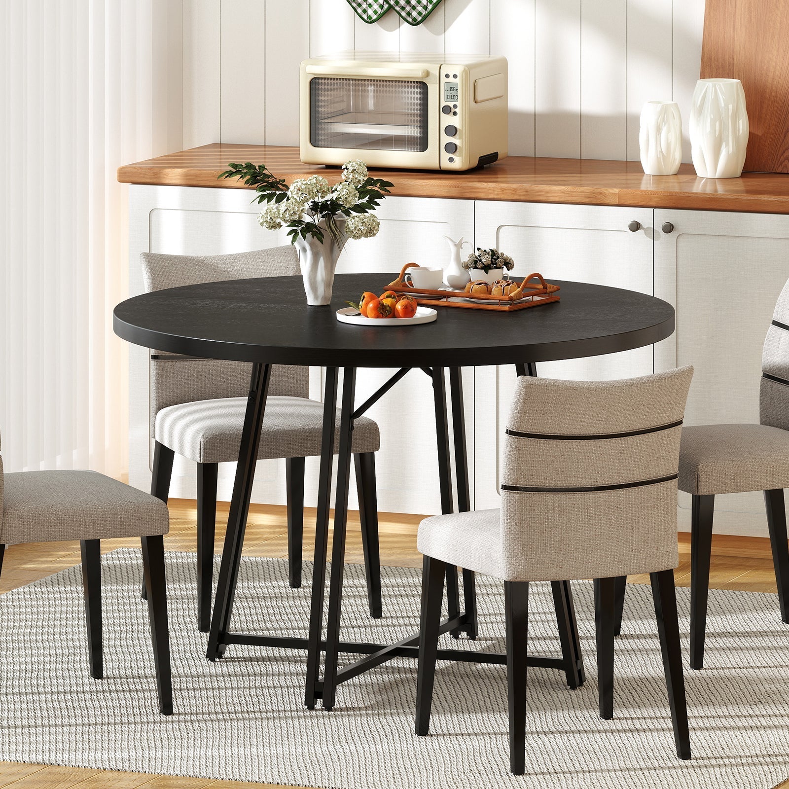 47 Inch Dining Table for 4-6 People Round Kitchen Table with Cross Base