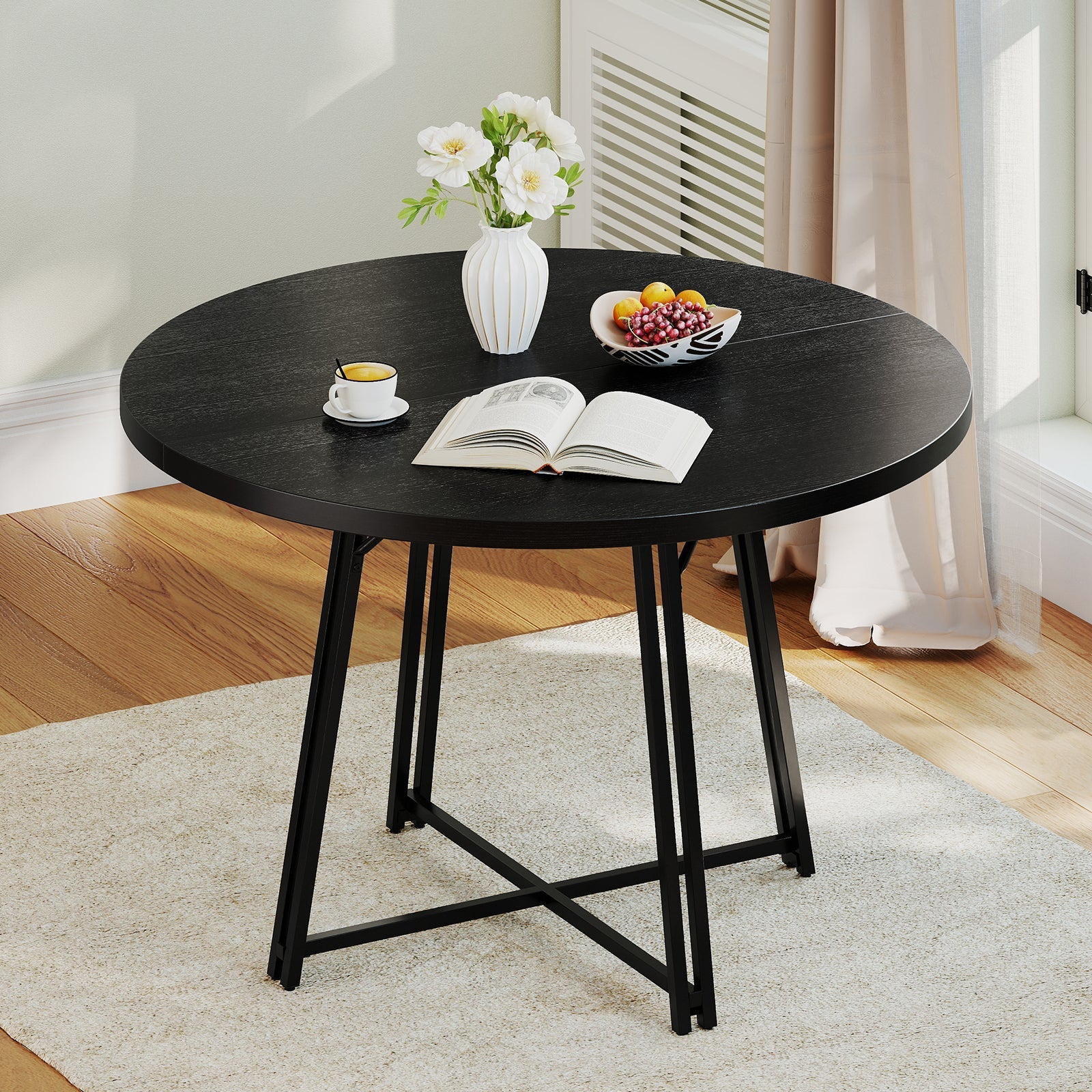47 Inch Dining Table for 4-6 People Round Kitchen Table with Cross Base