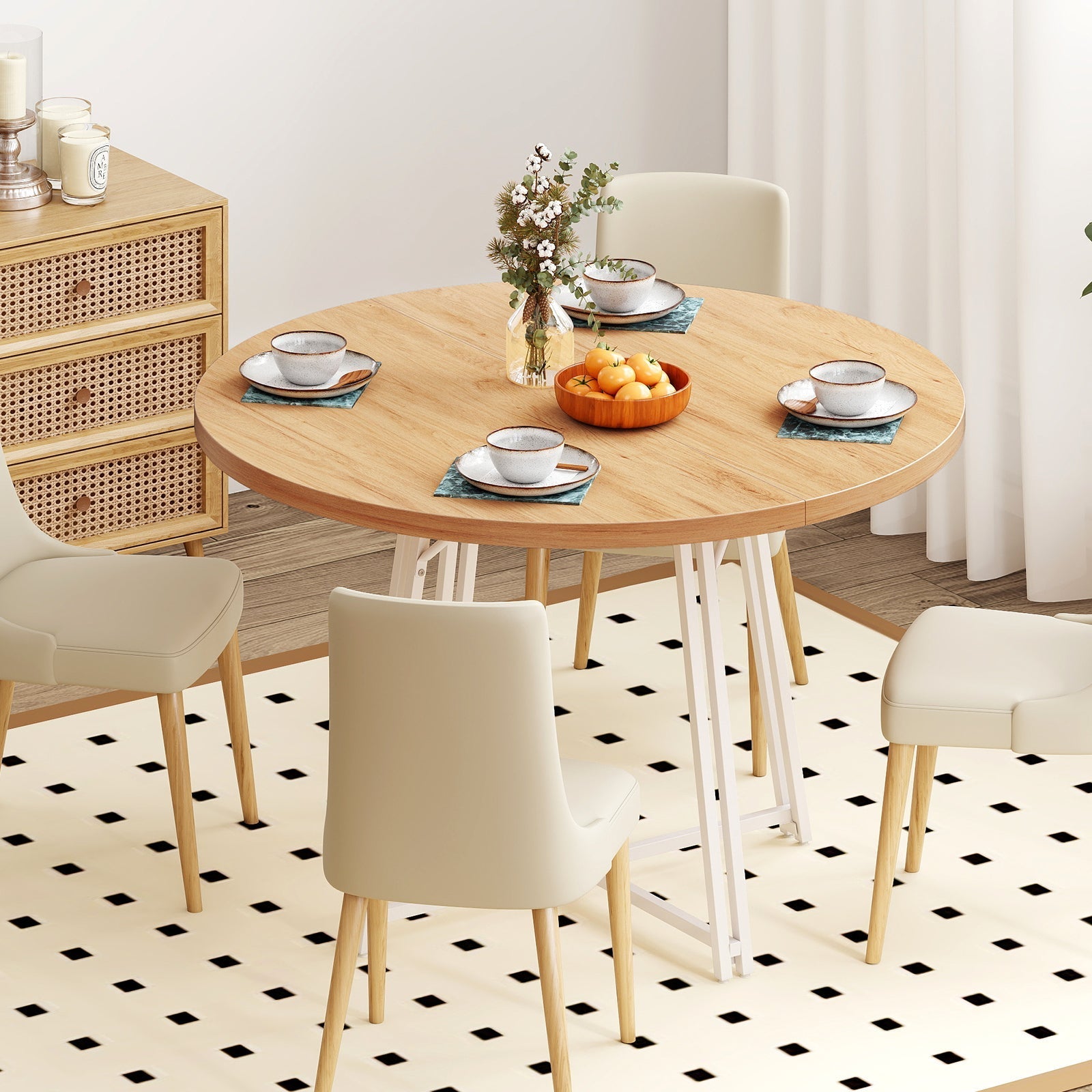 47 Inch Dining Table for 4-6 People Round Kitchen Table with Cross Base
