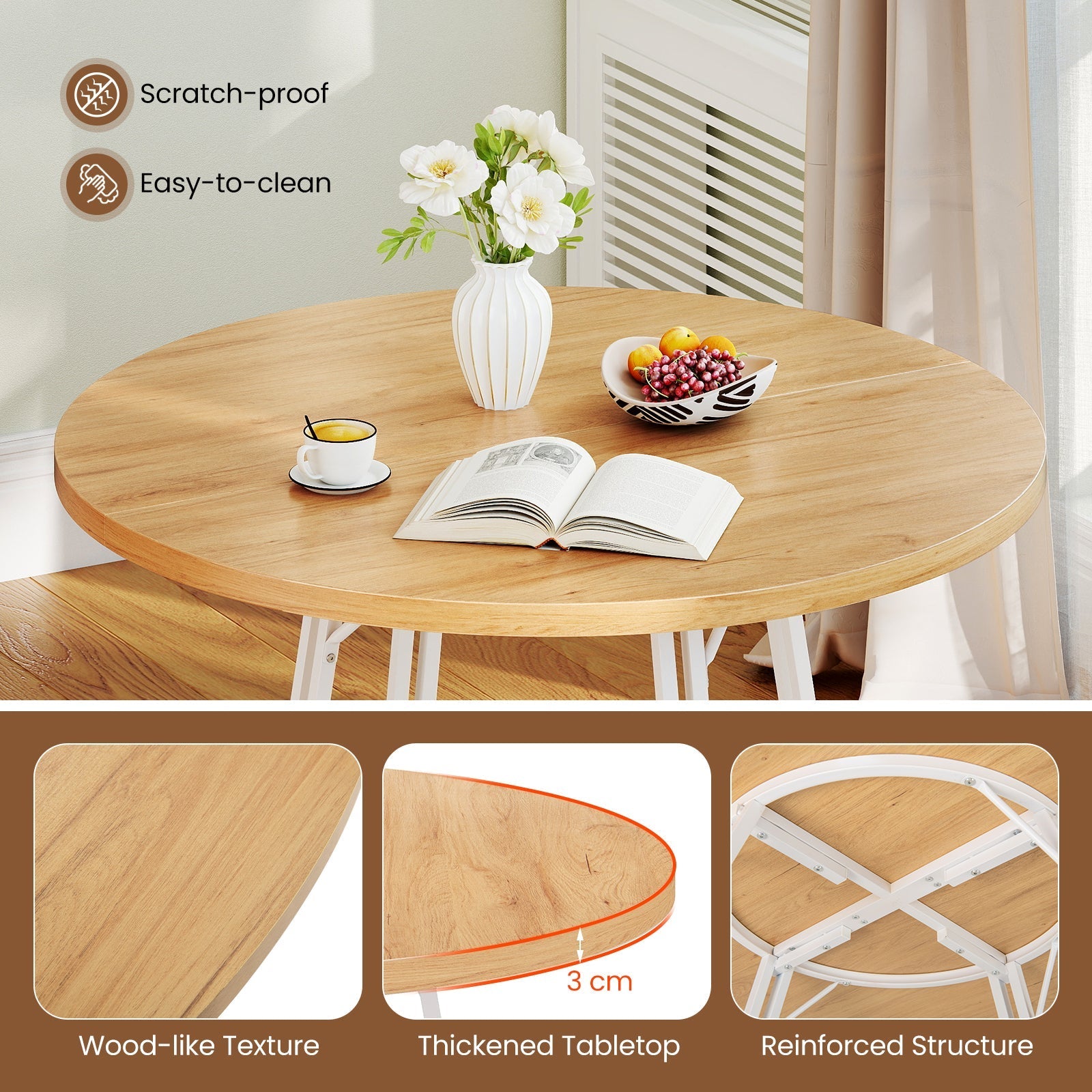 47 Inch Dining Table for 4-6 People Round Kitchen Table with Cross Base