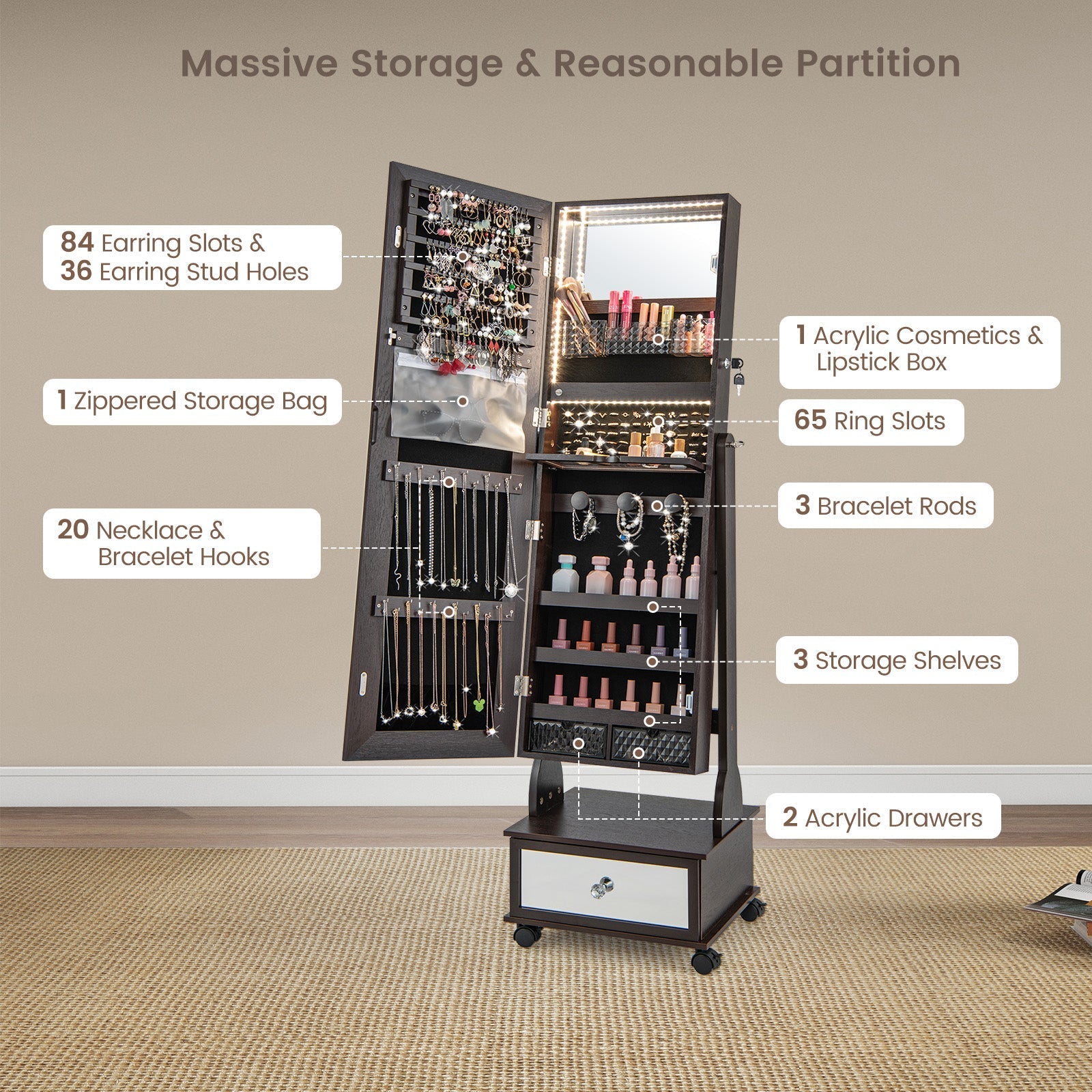 47 Inch Lockable Jewelry Cabinet Armoire with 3-Color LED Lights