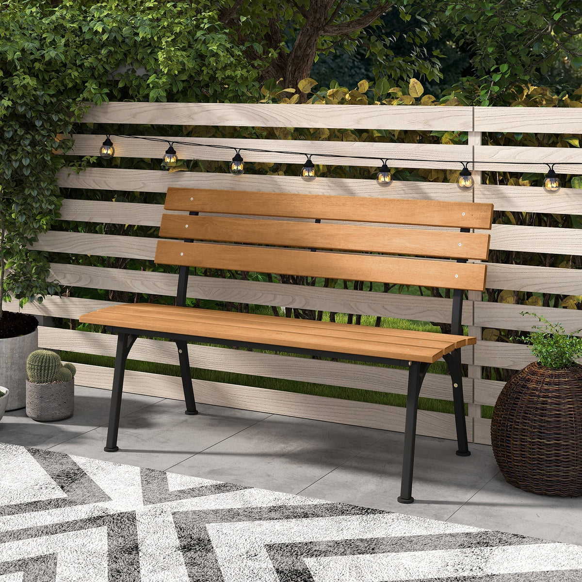 47 Inch Outdoor Acacia Wood Bench with Metal Frame and Slatted Seat