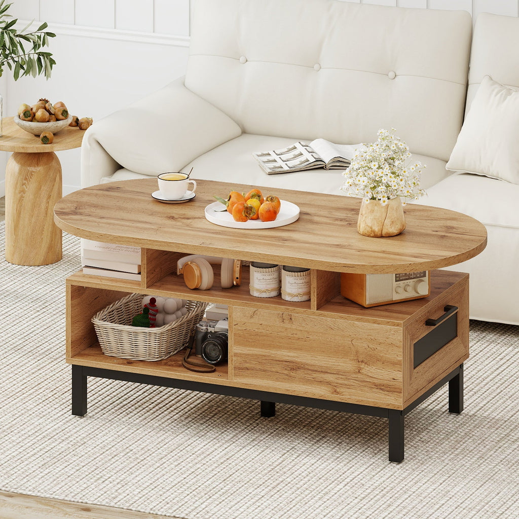 47 Inch Oval Coffee Table with Storage and Open Compartments for Living Room