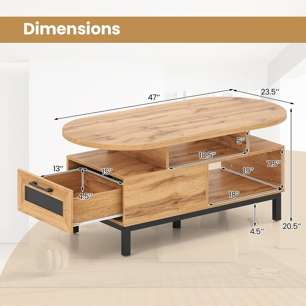 47 Inch Oval Coffee Table with Storage and Open Compartments for Living Room
