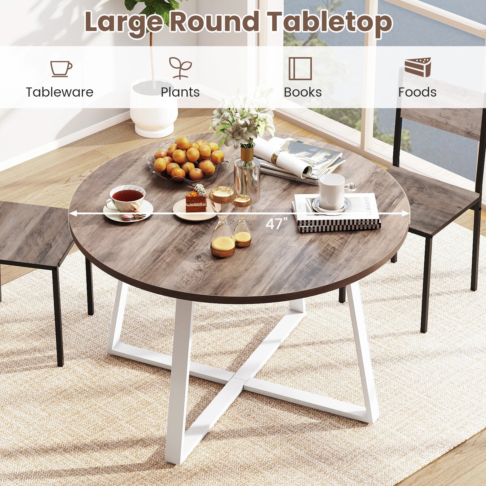 47 Inch Round Dining Table with Stable X-shaped Base and Round Thickened Tabletop
