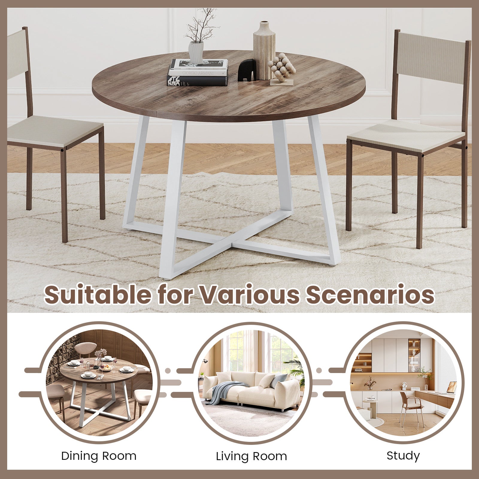 47 Inch Round Dining Table with Stable X-shaped Base and Round Thickened Tabletop