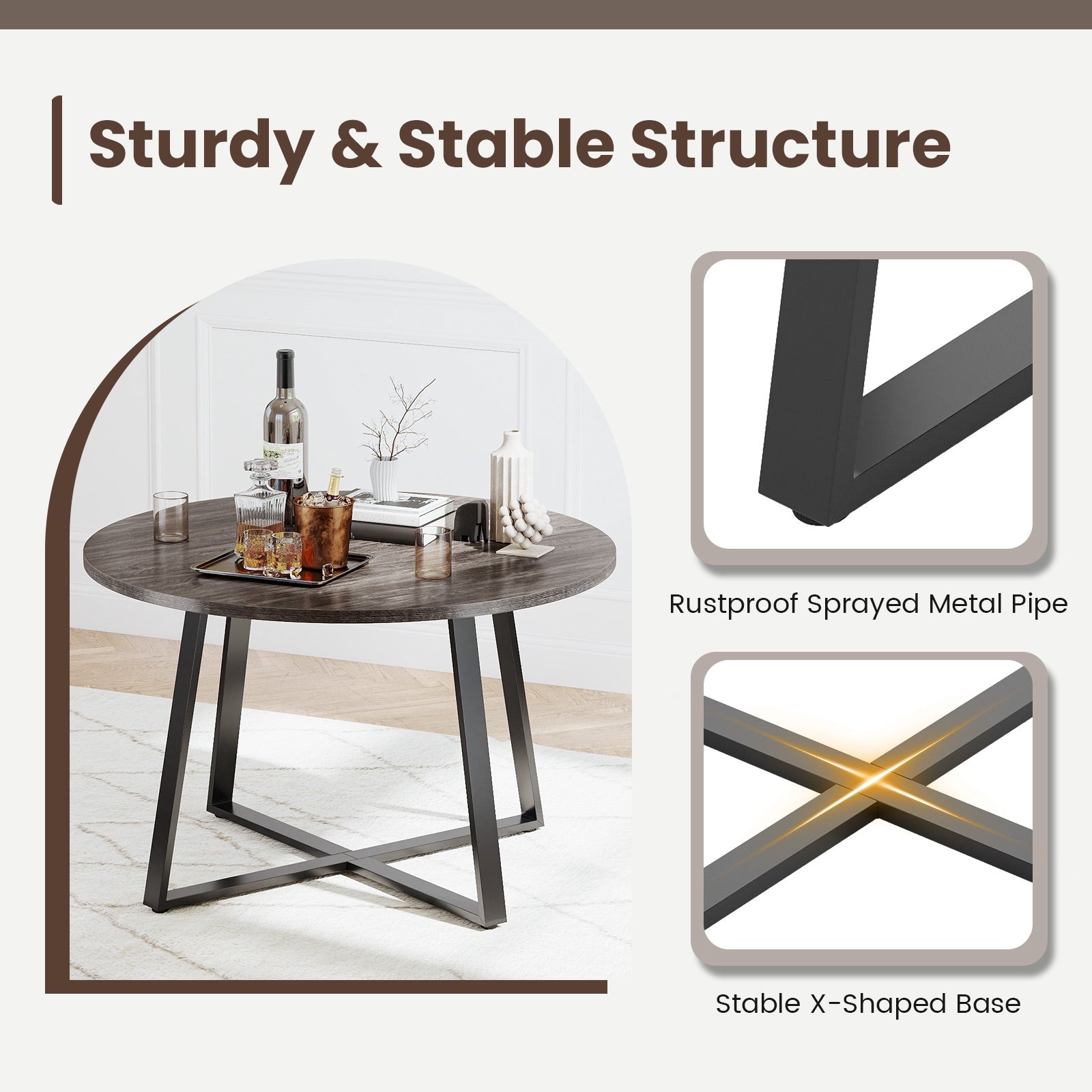 47 Inch Round Dining Table with Stable X-shaped Base and Round Thickened Tabletop