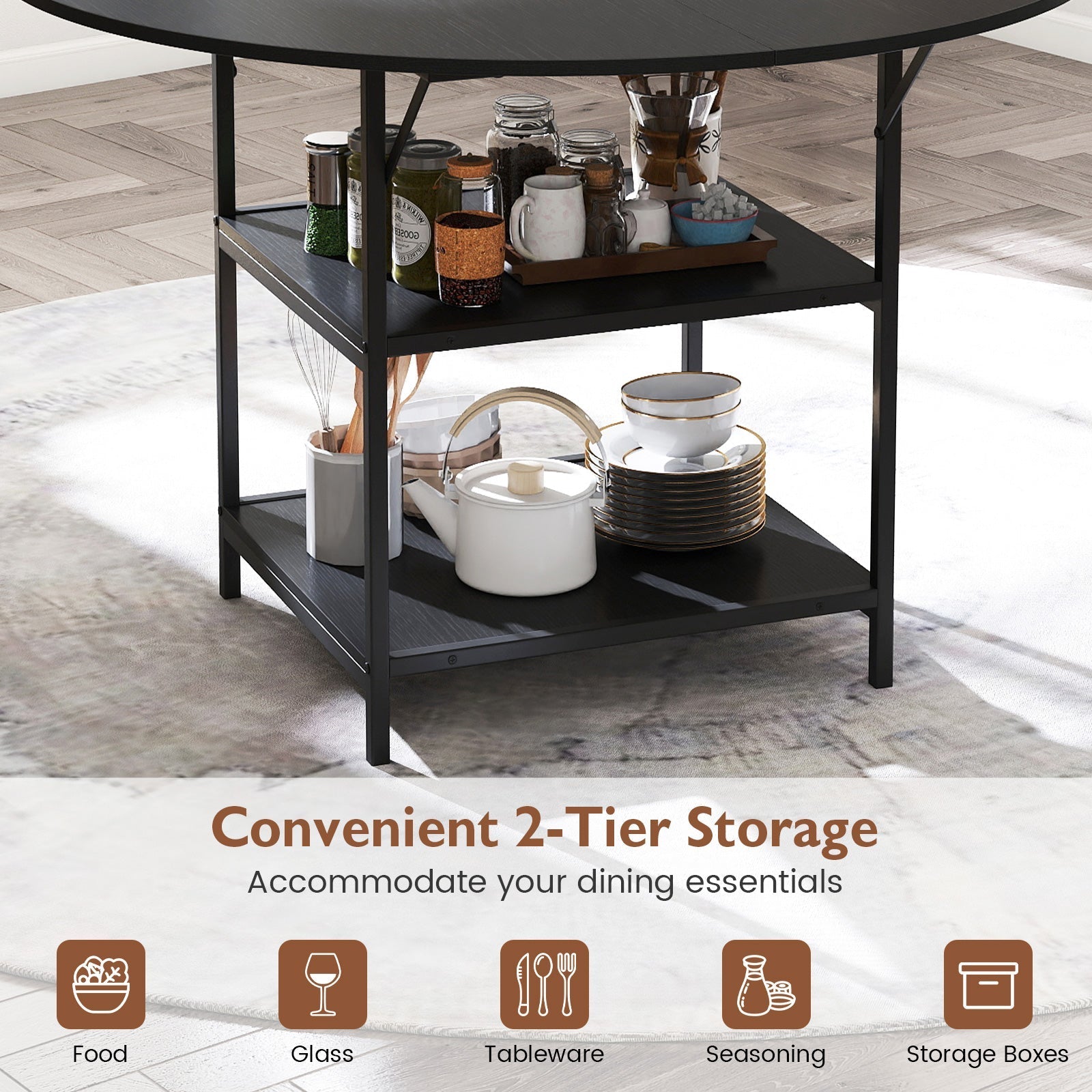 47 Inch Round Dining Table for 4-6 People Large Kitchen Table with 2-Tier Storage Shelves